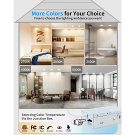 Adetu 3 Inch 5CCT Gimbal Led Recessed Lighting with Junction Box, 2700K/3000K/3500K/4000K/5000K Selectable, 7W Eqv 80W, 360°+90° Adjustable Recessed Can Lights, 800LM Brightness - ETL (White, 1 Pack)