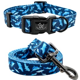 Elegant little tail Dog Collar with Leash, Shark Print Pet Collar Leash Adjustable Collar for Small Medium Large Dogs Soft Puppy Collars with Quick Release Buckle Girl Boy Dog Collars