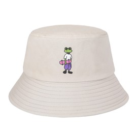 ZLYC Unisex Cute Print Bucket Hat Summer Travel Fisherman Cap for Women Men Teens, Frog Beige