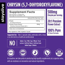 STAY ALIVE Chrysin Supplement 500mg & Passion Flower Extract Powder, 5,7-Dihydroxyflavone, Non-GMO and Gluten-Free Chrysin for Men and Women, 120 Capsules
