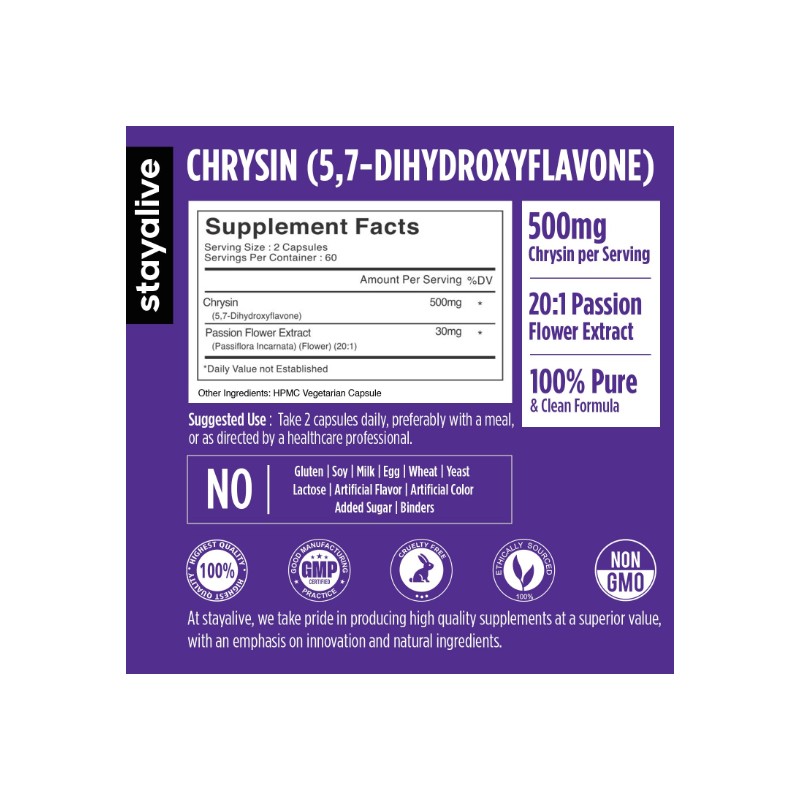 STAY ALIVE Chrysin Supplement 500mg & Passion Flower Extract Powder,