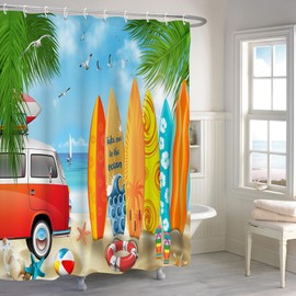 Renaiss 72x72 Inches Summer Surfboard Shower Curtain Tropical Seaside Palm Tree Sea Waves Seaside Island Tour Bus Car Beach Themed Fabric Shower Curtains for Bathroom Decor Waterproof with Hooks