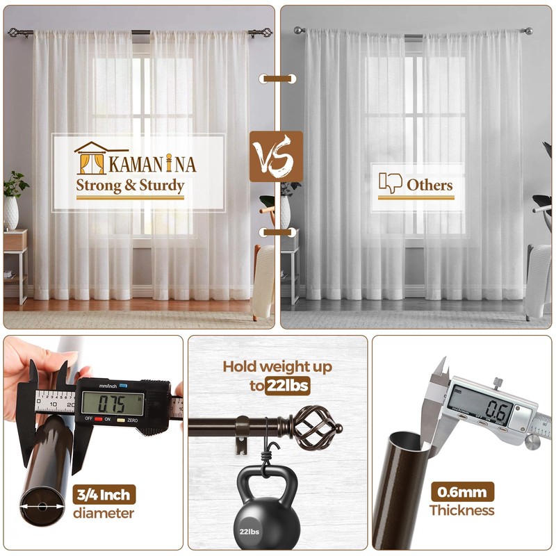 KAMANINA Bronze Curtain Rod 32 to 58 Inch(2.6-4.8ft), Adjustable Curtain