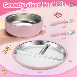 Honeydak 2 Pack Stainless Steel Baby Plates and Bowls with Suction & 2 Pack Spoons and Forks Set Kid Gift Toddler Utensil Baby Feeding Set Divided Plates for Weaning Supplies(Pink,Matte Tan)