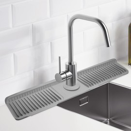 Opfiue 24 Inch Durable Silicone Faucet Mat, 6°Slope Quick-Dry Splash Guard Water Catcher Fasten Button Design, Mat for Kitchen Sink/RV Bathroom