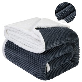 LBRO2M Striped Sherpa Fleece Bed Blanket Twin Size, Super Soft Fuzzy Plush Warm Cozy Fluffy Microfiber Couch Throw Velvet Double Reversible Luxurious Blankets (65x90), Dark Grey