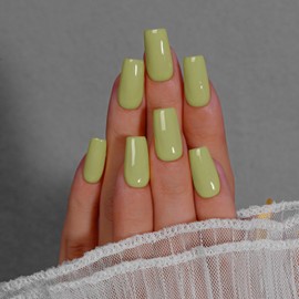 KQueenest Olive Green Press On Nails Long Square - Acrylic Press On Nails with Glue, Coffin Medium Fake Nails Press ons, Glossy Opaque Moss Green, Reusable Soft Gel Glue on Nails for Women, 24 Pcs