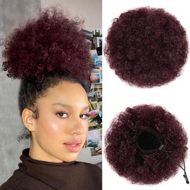 ISWEET Afro Puff Drawstring Ponytail, Curly Afro Bun Extensions Synthetic Ombre Red Hair, Short Afro Hairpieces Updo hair for Black Women (#T1B99J)
