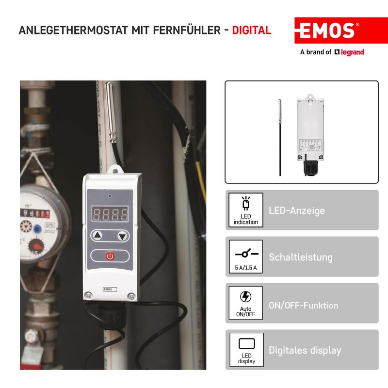 EMOS P5684 Contact Thermostat with Remote Sensor, Adjustable Switching Sensitivity