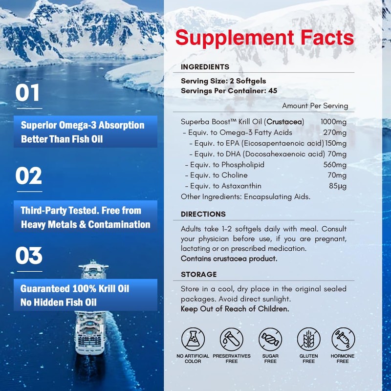 Krill Oil Omega 3 Supplement 1000mg 90 Softgels EPA &