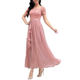 Wedtrend Elegant Evening Dress Long for Wedding, Square Neck, Lace Dress, A-Line Ruffle Dress with Chiffon, Blush