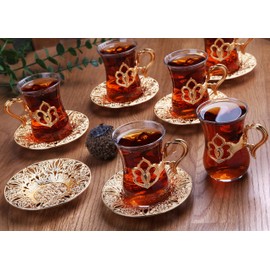 Alisveristime (SET OF 6) Turkish Tea Set with Zamac Holders, Glass Cups, and Saucers, 100ml Capacity, Elegant Serving Set in Gold and Silver (Harman) (Gold)