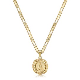 KissYan Gold Initial Necklace for Women Girls 14K Gold Plated Round Letter Heart Pendant Necklace Double Sides Figaro Chain Necklace Jewellery Gifts(Gold A)