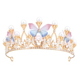 Vofler Flower Girl Crown, Princess Butterfly Tiara - Gold Crystal Rhinestone Pearl Headband for Kids Women Adults Birthday Wedding Quinceanera Pageant Prom Homecoming Halloween Mermaid Costume Party