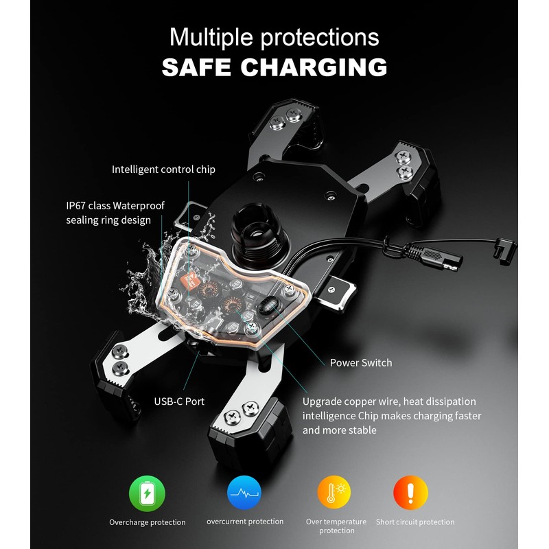 Kewig Motorcycle Phone Mount with Qi 15W Wireless Charger &