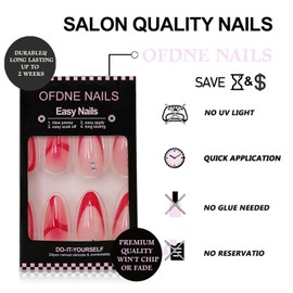 Medium Almond Press on Nails OFDNE Pink French Tip Fake Nails Rhinestones Designs False Nails Gradient Glossy Glue on Nails Full Cover Stick on Nails Acrylic Nails for Women Girls 24 Pcs