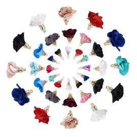 Cheriswelry 84pcs 3 Styles Soft Fabric Cloth Flower Charms Pendants Floral Petal Cloth Tassel Pendants Dangle Beads with Golden Cap for Drop Earrings Keychain Jewelry Making Accessories
