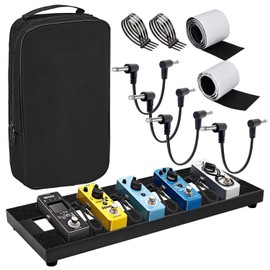 Pequeño tablero de pedales de guitarra, 15x5.7x1.18", Tablero de pedales de efectos mini de aleación de aluminio negro con 4 piezas de cable de pedal de guitarra de 6 pulgadas, bolsa de