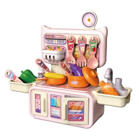 Kids Picnic & Kitchen Playset Play Kitchen Sink Toys with Upgraded Real Faucet Play Cooking Stove Play Food Pretend Play Oven and Other Accessories Toys for Boys and Girls Pink