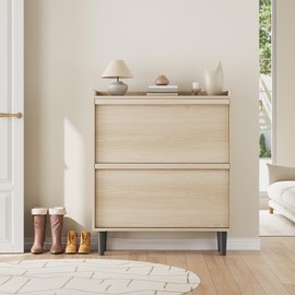 GarveeHome Shoe Cabinet with 2 Flip Drawers, Wooden Shoe Organizer Cabinet with Adjustable Shelf, Shoe Storage for Entryway, Hidden Shoe Cabinet for Hallway, Living Room, Natural Oak