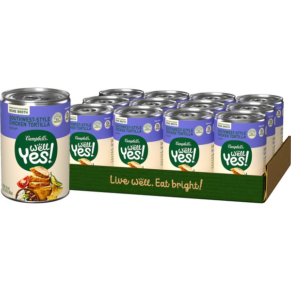 Campbell's Well Yes! Southwest Style Chicken Tortilla Soup with Bone Broth, 16.3 Oz Can (Case of 12)