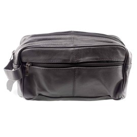 Deluxe Genuine Black Leather Mens Toiletry Wash Bag 2 Zip compartments and Side Pocket