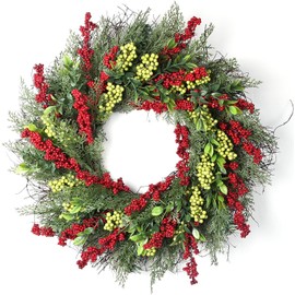 Beinhome Winter Wreath Christmas Wreaths for Front Door Decor, 22-24in Artificial Christmas Door Wreath with Red Green Berries and Green Leaves for Door Home Indoor Outdoor Christmas Decorations