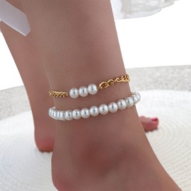 Yienate Layered Pearl Anklet Bracelet Boho Gold Beads Anklet Ankle Chain Pearl Satellite Chain Foot Chain Beach Layered Charm Anklet 2Pcs Set Foot Jewelry Gift for Women Girls