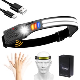 Rechargeable Headlamp, 230° Wide Beam LED Headlight Headband Flashlight with Motion Sensor, 350 Lumen Dual Led Strip Super Bright, 8 Modes Head Lamp Band for Running, Fishing, Hiking, Camping