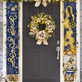 Deroro Happy New Year 2025 Gnome Porch Banner Sign, Blue Gold Champagne Front Door Decorative Hanging Welcome Banner Flag, Golden Christmas Winter Celebration Party Decoration Home Outdoor Decor