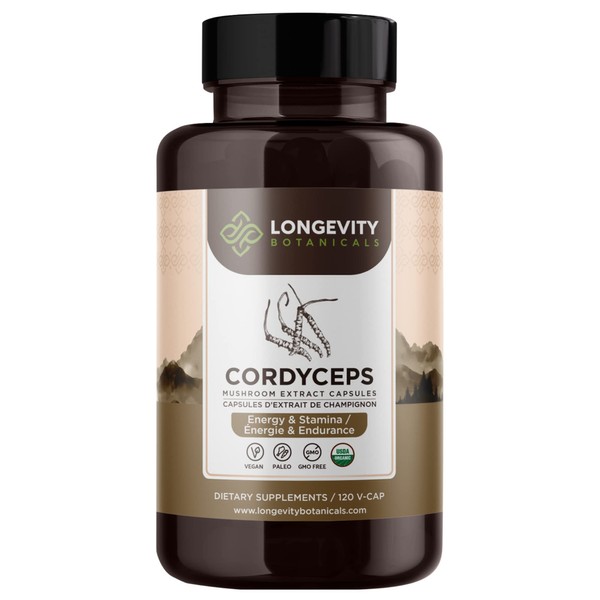 Longevity Botanicals Organic Cordyceps Mushroom Capsules - Ultra Concentrated Cordyceps Mushroom Extract Supplement - Promotes Energy, Endurance and Stamina - 100% Fruiting Body - 120 Count