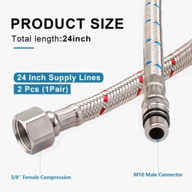 Faucet Supply Line, Braided Stainless Steel 24" Water Supply Hose for Bathroom Kitchen Faucet 3/8" Female Compression Thread × M10 Male Connector with M8 and 1/2" Adapter, 2PCS (1 Pair)