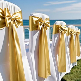 Gankar Satin Gold Chair Sashes 50 Pack, Satin Sashes for Chair Covers Wedding Party Birthday Decor, Golden Chairs Bows Sash for Engagement Bridal Shower Decorations