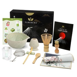 10 Pcs Matcha Whisk Set - 15 OZ Matcha Bowl with Spout and Whisk Holder & Measuring Cup - Bamboo Matcha Scoop and Spoon - Stainless Steel Sifter - Cleaning Brush - Matcha Kit for Japanese Tea Ceremony