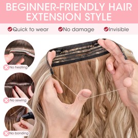 Silk-co Hair Extension with Elastic Band, Adjustable Secrets Hairpiece, Synthetic Extensions with Cord and Clips, Long Wavy Extensions for Women, 50 cm, Caramel Brown Mixed with Ash Blonde