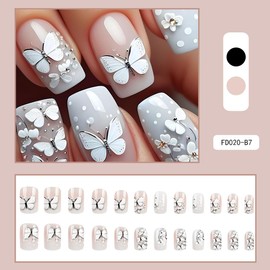 French Tip Press On Nails Fake Nails Short Square Coffin with White 3D Butterfly Designs Glossy Acrylic False Nails Short Square Glue on Nails Full Cover Thick Stick on Nails for Women Girls 24Pcs FD020-B7