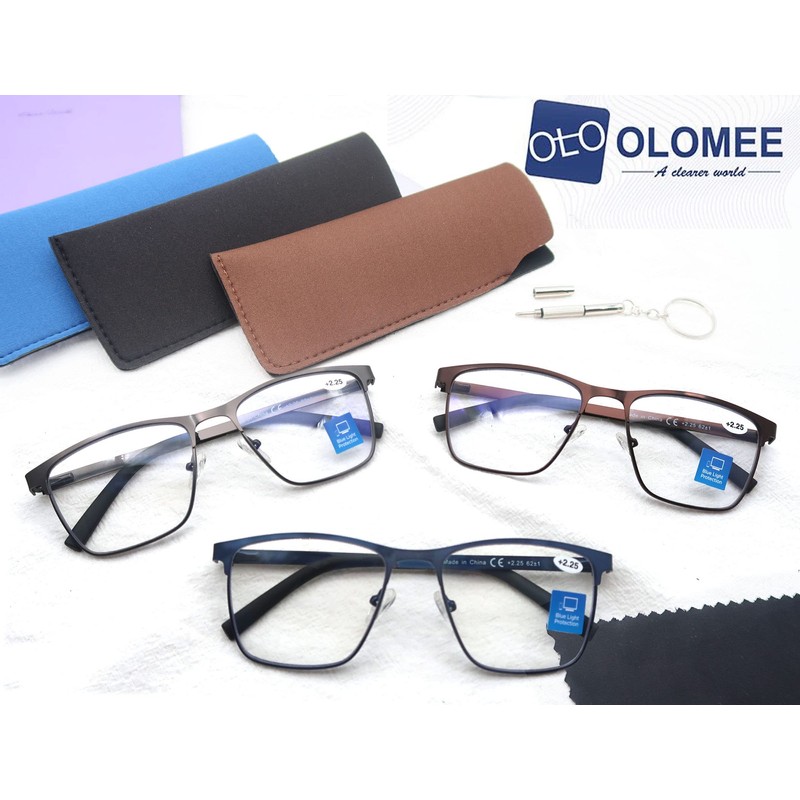 OLOMEE Blue Light Blocking Reading Glasses Mens Full Metal Square