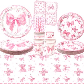 Pink Bow Party Decorations - Bow Party Tableware - Dinner Plates Desserts Plates Cups Napkins Tablecover Straws for Coquette Girl Birthday Party Supplies, Serves 20 (20)