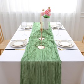 Homaxy Table Runner Sage Green 90 x 300 cm, Modern Boho Table Decoration Cheese Cloth Table Runner, Muslin Washable Table Runner for Kitchen Table Indoor Outdoor Wedding Party Birthday Decor