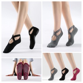 SpringPlus 3 Pairs Grippy Yoga Socks for Women Non-Slip Grips, Pilates, Barre, Yoga, Pregnancy, Dance,Barefoot Workout, Hospital Socks.