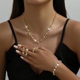 CSIYANJRY99 Prom Jewelry Sets Gold Crystal Earrings Necklace Bracelet Ring Set Rhinestone Bride Wedding Party Prom Jewelry (Gold)