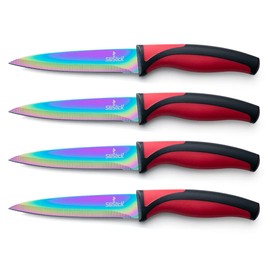 SiliSlick Stainless Steel Steak Knife Set - Titanium Coated Colorful Kitchen Knives with Straight Edge, Smooth & Sharp - Rainbow Iridescent Kitchen Gifts & Accessories