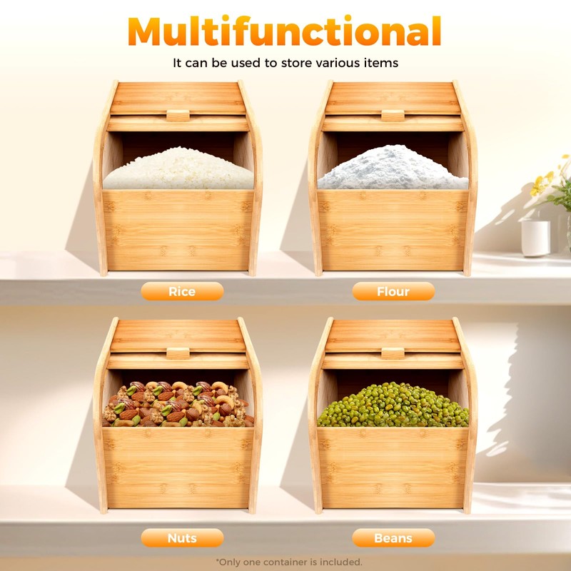 DYNAMI Wooden Rice Storage Box, Dry Storage Container Bamboo Rice