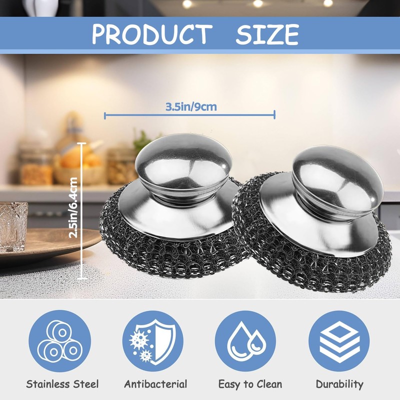 2Pack Stainless Steel Wool Scrubber with Handle, Scrubbing Scouring Brush