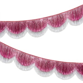 Premium 6.5 Feet Silver Pink Shiny Scalloped Fringe Tassel Garlands, Thick Metallic Foil Layered Glitter Banner for Birthday Bridal Shower Wedding Bachelorette Holiday Party Hanging Decor Supplies