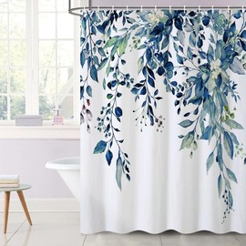 Shower Curtain, Eucalyptus Blue, Uiiooazy Shower Curtain, Green Leaves, Flowers, Pink, White Shower Curtains, Anti Mould, Waterproof Polyester Fabric, Washable Bathroom Curtain with 12 Hooks for
