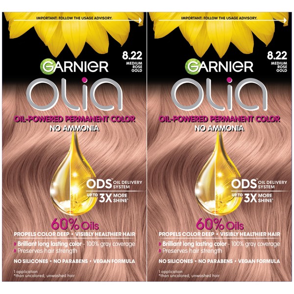 Garnier Hair Color Olia Ammonia-Free Brilliant Color Oil-Rich Permanent Hair Dye, 8.22 Medium Rose Gold, 2 Count (Packaging May Vary)