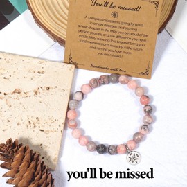 Natural Stone Bracelet, Leaving Gifts for Colleagues Women Retirement Gifts Good Luck Bracelet You Will Be Missed Bead Bracelets Pink Healing Anxiety Bracelet with Compass and Motivational Card