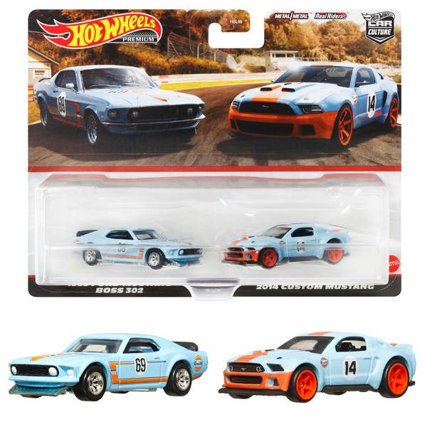 Hot Wheels HKF58 Premium 2-Pack 1969 Ford Mustang BOSS 302 / 2014 Custom Mustang [3 Years Old and Up]