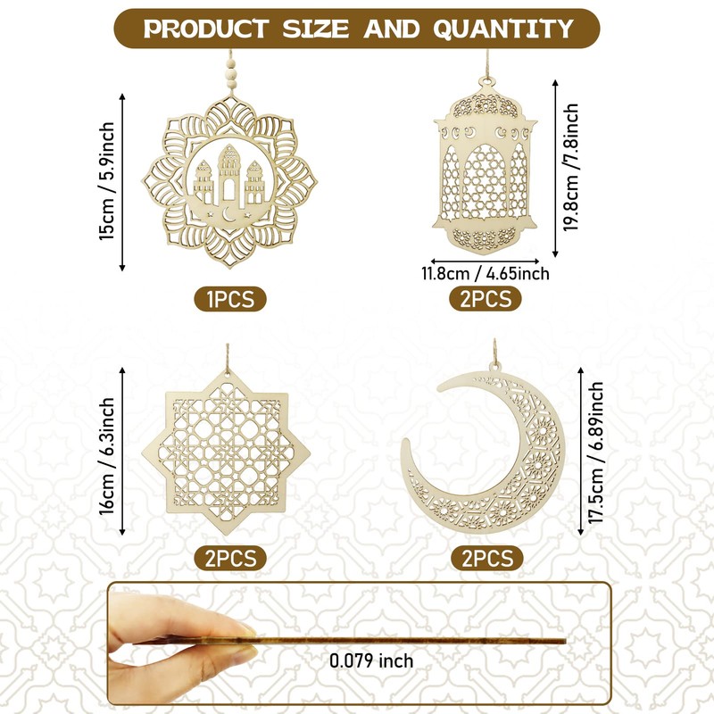 BBKON 7PCS Ramadan Decorations, Wooden Pendant Eid Ramadan Decorations for